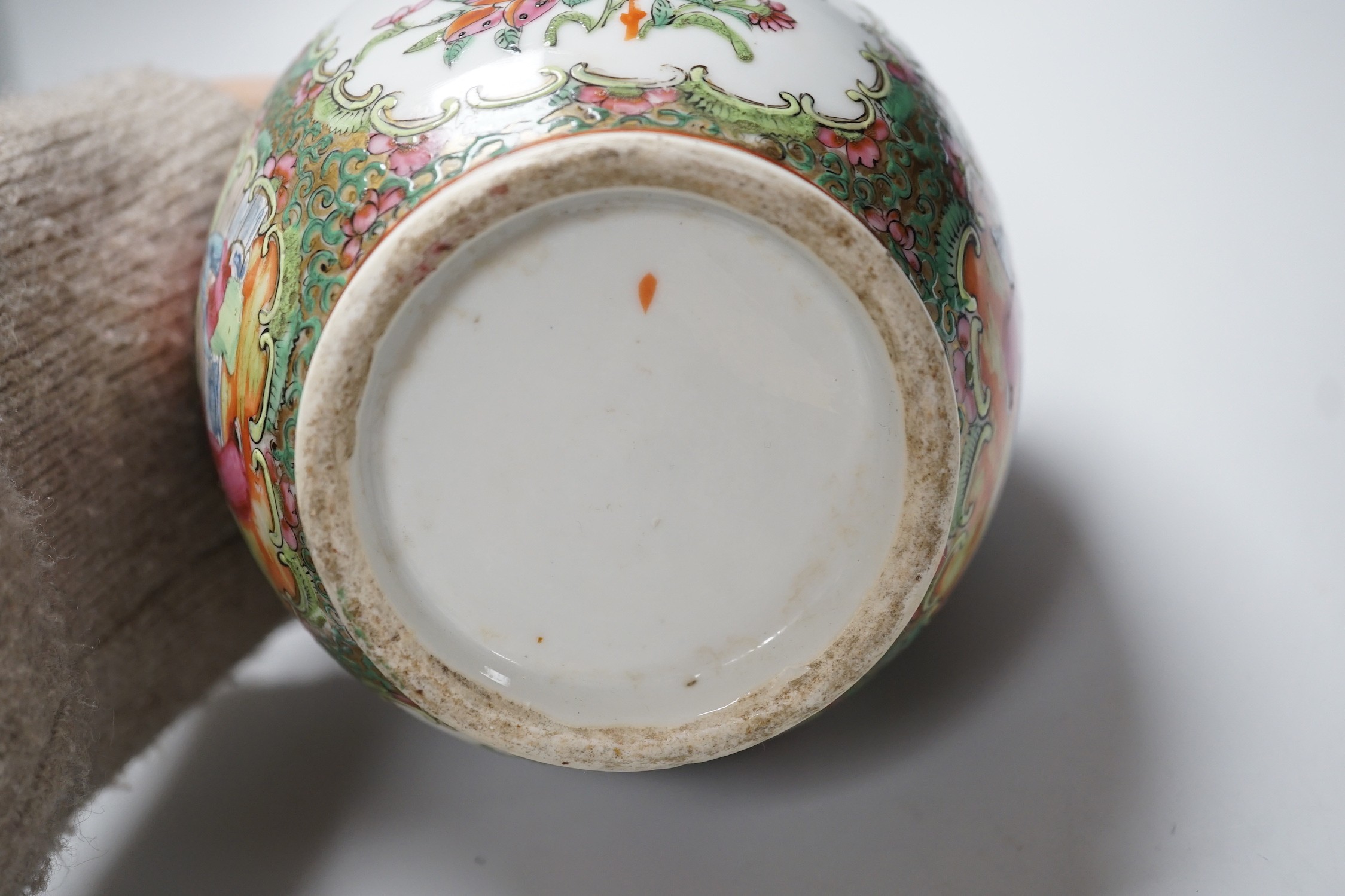 A Chinese famille rose vase converted to a lamp, 26cm, and a larger Chinese vase/lamp base, on stand, 41cm high